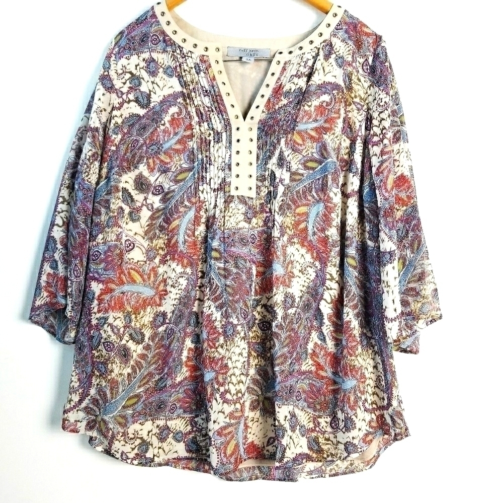 NEW! RUFF HEWN GREY Plus Size Boho Style Grommet Neckline Blouse Top 1X.